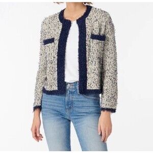 J.Crew Sz M contrast tweed white Navy Open front cropped jacket blazer cardigan